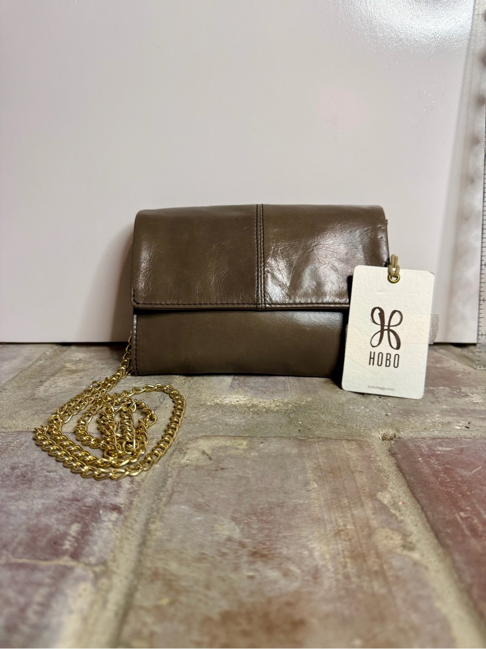 HOBO Jetty Leather Clutch/Crossbody – Shadow, Gold Chain — NWT